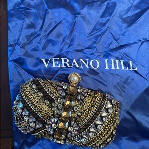 Verano Hill Black Satin Beaded Clutch NEW